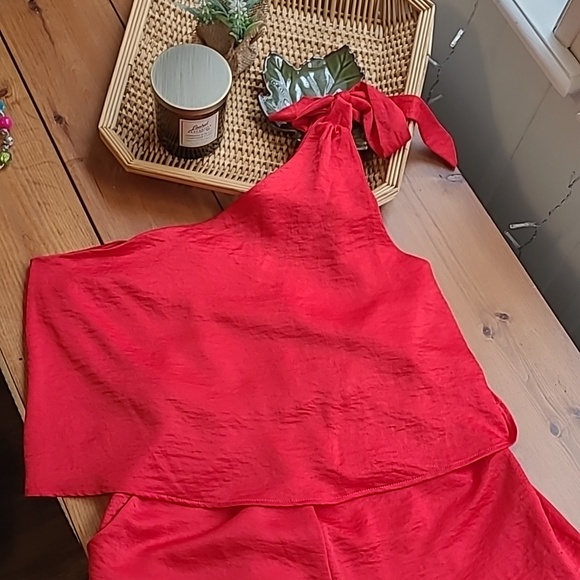 Tyche Pants - Vibrant Red One Shoulder Full Length Jumpsuit